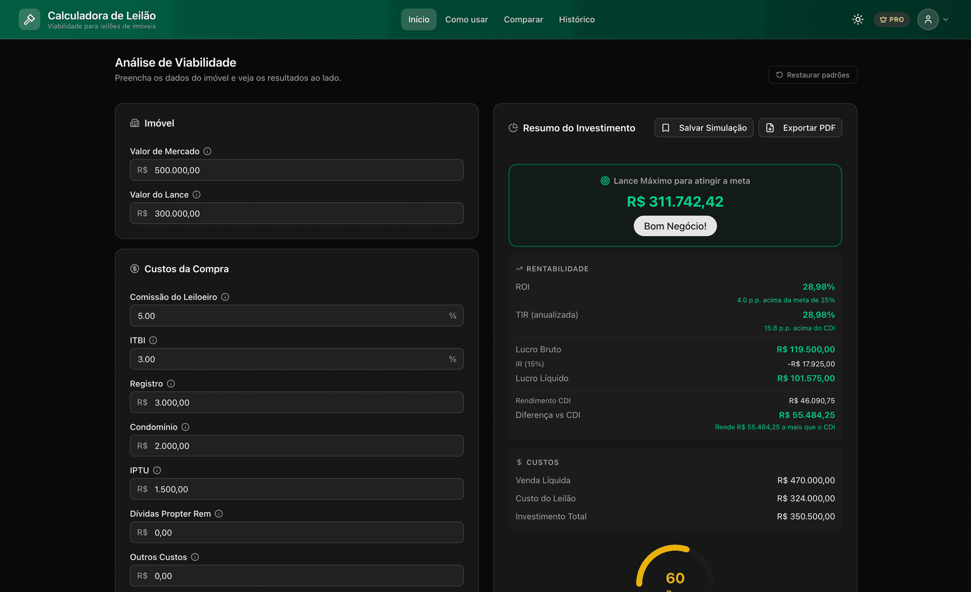 Calculadora de Leilão de Imóveis — interface mostrando campos de entrada, resultados de ROI, lucro líquido e lance máximo